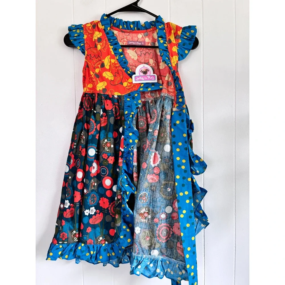 Jelly the Pug Agra Misha Dress Kids 10 Floral Elephant Mixed Print Ruffle Cotton